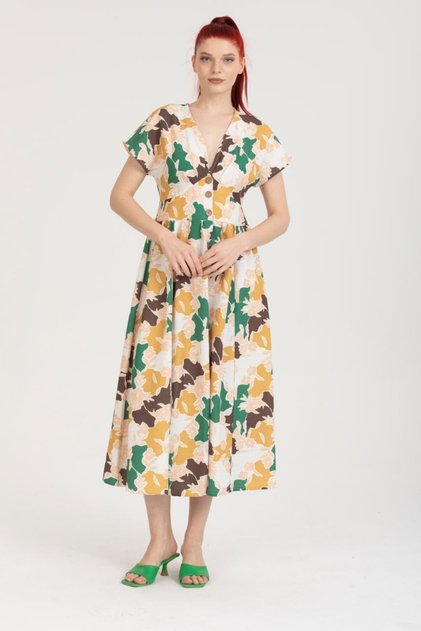Floral Print Button-Down Short Sleeve Linen Dress