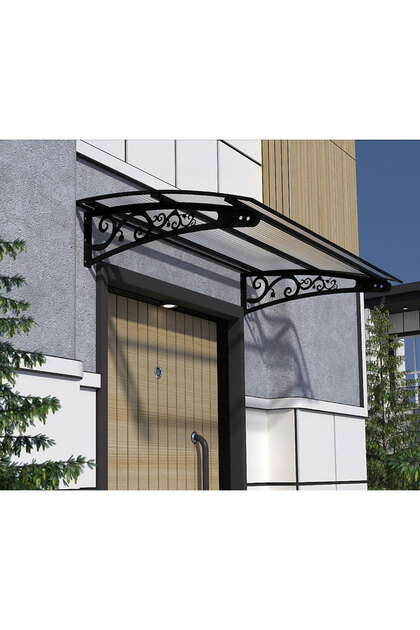 Metal Taşıyıcılı Kapı Üstü Pratik Sundurma Siyah - Şeffaf Levha 300 x 100 Md2