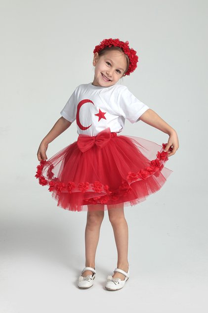 Girl's Red Floral Mini Tulle Green Skirt
