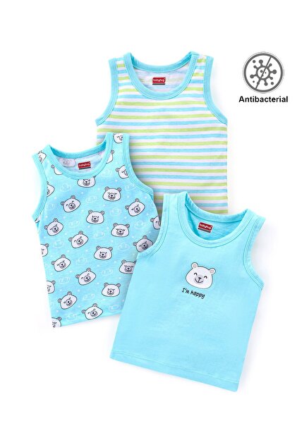100% Cotton Sleeveless Antibacterial Sando Vests Stripes & Bear Print Pack of 3-Blue & Green
