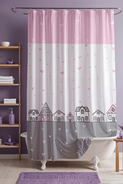 Bathroom Curtain, Cute Houses Pattern with Pink Gray Stripe Shower Curtain, Bathtub Curtain 175X200Cm