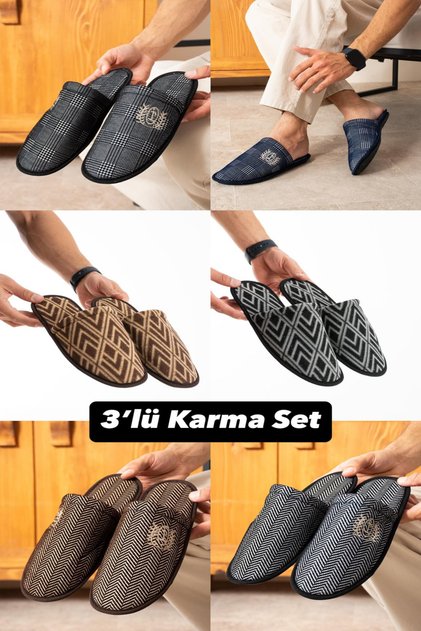 3'lü Paket Erkek Terlik Damat Kışlık Halı Ev Terliği Çeyiz Bohça Seti Misafir Terliği.