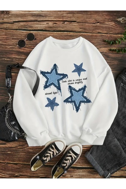 Women's White Light Star Printed Crew Neck Oversize Sweatshirt