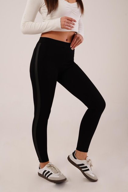 Black Steel Knitted Leggings with Side Matte Leather Stripe