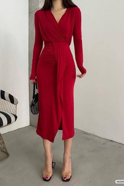 Red Double-breasted Collar Long Sleeve Slit Detail Sandy Fabric Dress
