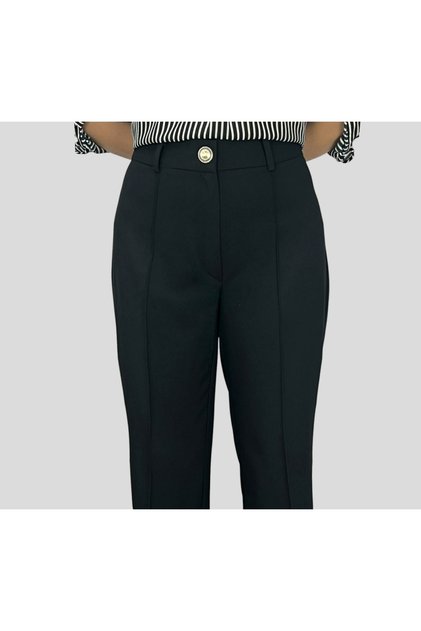 Siyah Yüksek Bel Önü Nervürlü Boru Paça Pantolon