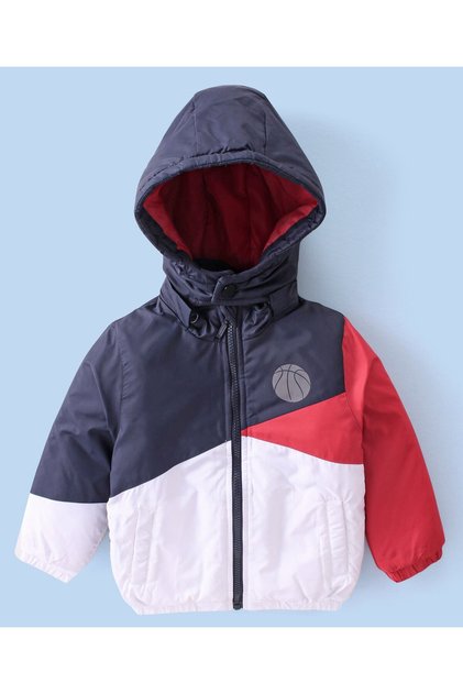 Babyhug Woven Full Sleeves Jacket With Detachable Hood - White Red & Blue