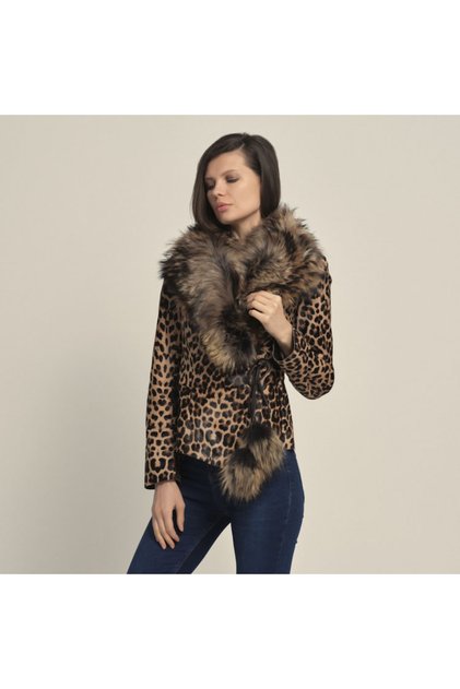 Kürklü Leopar Desenli Kadın Deri Mont