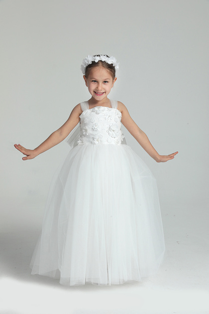 3D Floral Long Girls' Evening Dress and Party Dress with White Crown Gift