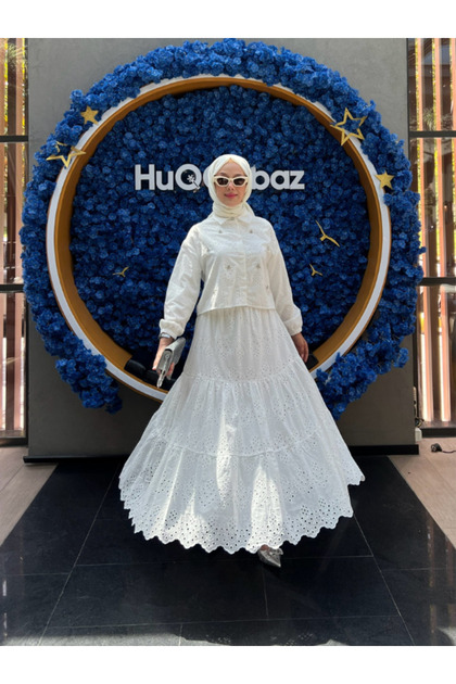 Summer Stone Detailed Long Skirted Fisto Hijab Suit White