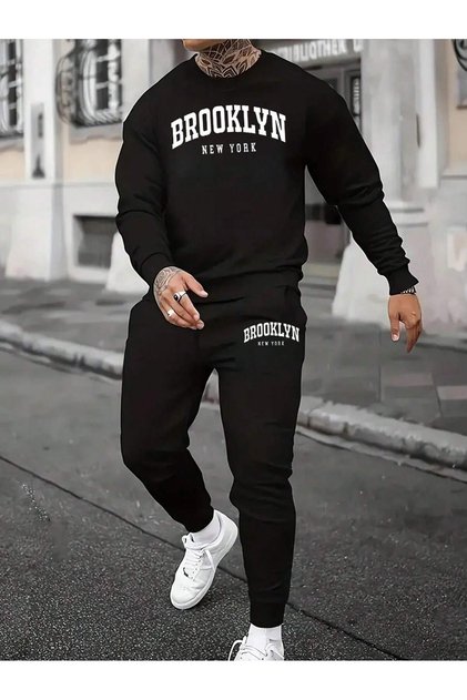 طقم بدلة رياضية شتوية كاملة من القطن بنسبة 100% مطبوعة برقبة دائرية من Brooklyn