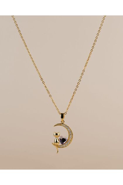 Catelune Zircon Stone Cat and Heart Steel Moon Necklace