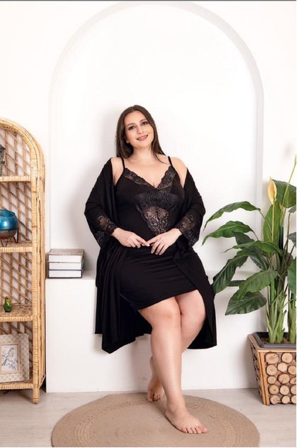 Women's Plus Size Curve Lycra Combed Cotton 2-Piece Dressing Gown Nightwear Set