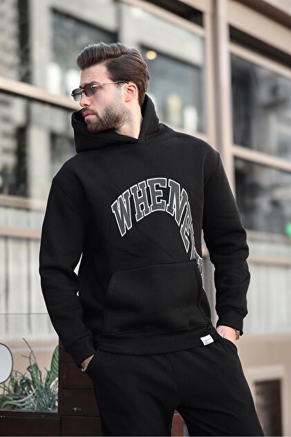 Black Hooded Printed Men's Sweatshirt with Pocket Detail E7065