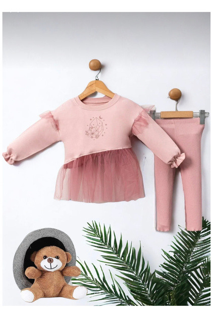 Kız çocuk tüllü sweatshirt ve taytlı 2 ip mevsimlik uzun kollu alt üst takım