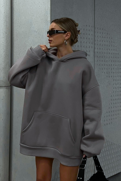 Gray Unisex Soft Fabric Oversize Fit Fleece Lined Hooded Sweatshirt Hoodie