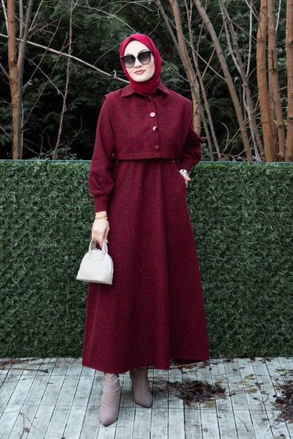 Burgundy Tweed Plaid Top Pocket Dress