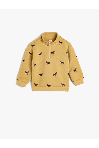 Yarım Fermuar Detaylı Köpek Desenli Uzun Kollu Kapitone Sweatshirt