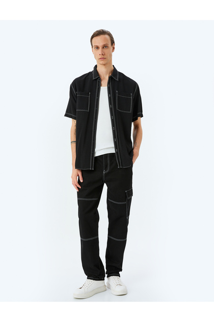 Oversize Cotton Stitching Detailed Cargo Straight Jeans
