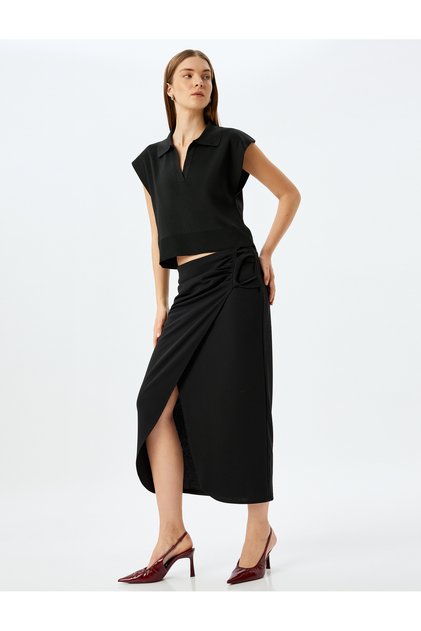 Slim Fit Draped Midi Asymmetrical Double Breasted Skirt