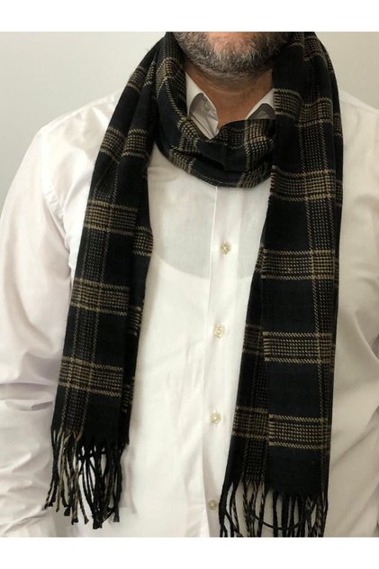 Men's Black Light Brown Tasseled Striped Checked Scarf - New Year Christmas Gift
