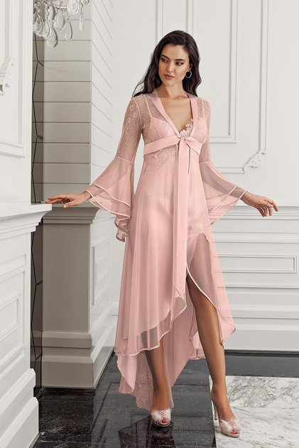 İmaj 4202 Powder Color Satin Transparent Long 2-Piece Nightgown Set