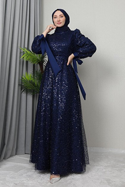 GZ AGYM Navy Blue Betl Hijab Evening Dress- Trendyol