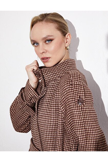 Kayra Premium Wool Stand Collar Belted Coat Chestnut- Trendyol