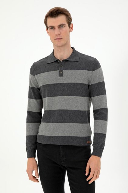 100% Cotton Polo Neck Striped Men's Basic Sweater