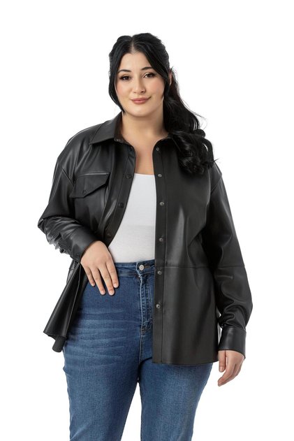Plus Size Single Pocket Snap Closure Leather Black Shirt