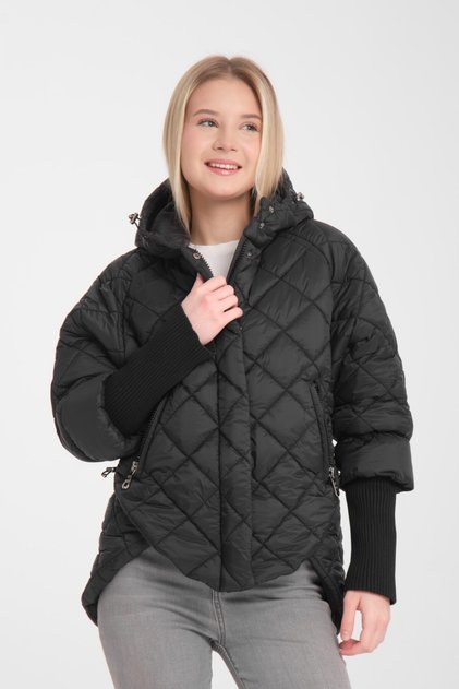 Jachetă cu puf sport pentru femei, cu glugă fixă, matlasată, cu detalii din tricot reiat, design stilat și călduros, 8704