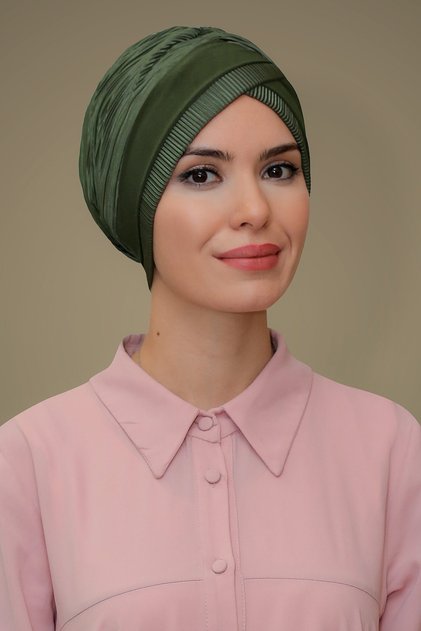 Khaki Practical Ready-to-Plug Hijab Bonnet Fukuro Pleated Single Banded Cross Gathered 1821_09