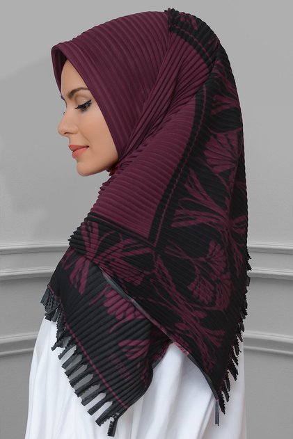 Claret Red Practical Ready-made Interlocking Hijab Scarf Staple Fiber Pleated Flower Patterned 1818d3_16