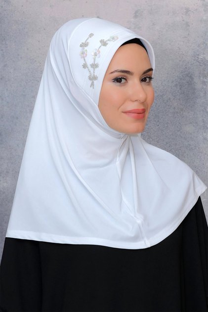 Cream Practical Ready Interlocking Hijab Scarf Sandy Fabric Handmade Flower Embroidered Sequin 1604_40