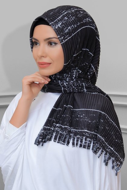 Black Practical Ready-made Interlocking Hijab Scarf Staple Fiber Pleated Striped Patterned 1818d2_01