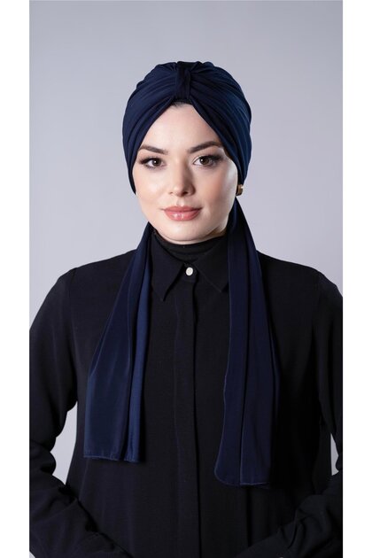 Boneta hijab cu interblocare, practic, albastru bleumarin, cu eșarfă din material nisipos 2204_02