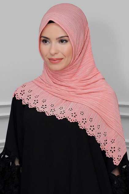Powder Practical Ready-made Interlaced Hijab Scarf Fukuro Pleated Flower Patterned Laser Cutting 1819_06