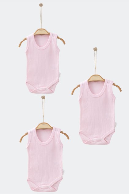 100% Organic Cotton Pink Plain Patterned 3-Piece Athlete Bodysuit - with Straps - with Snap Fasteners (Plain Color Without Pattern)