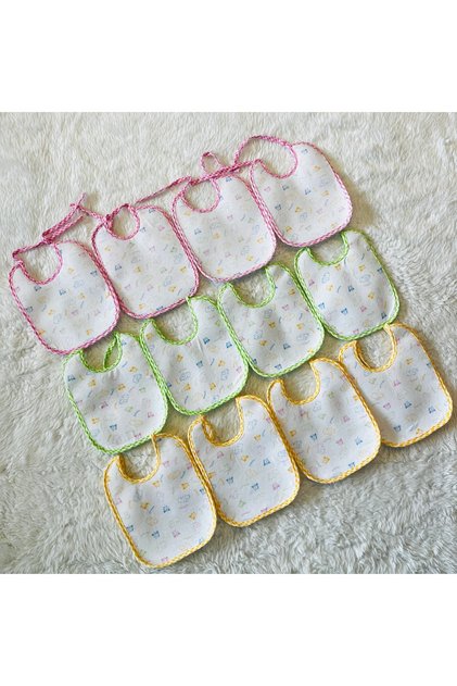 Pack of 12 Pink Green Yellow Mixed Color Liquid Proof Lace-Up Baby Food Bibs