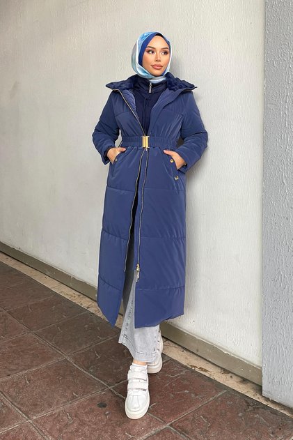Women's Navy Blue Belted Inflatable Coat 029