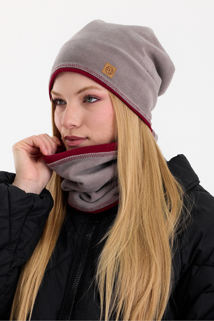 Women's Gray Fleece Outer, Burgundy Cotton Inside Double Color Double Layer Foldable Beanie Neck Collar Suit