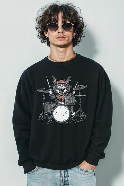 Drummer Cat Cat Drummer Music Music Drum Cute Printed Black Sweat