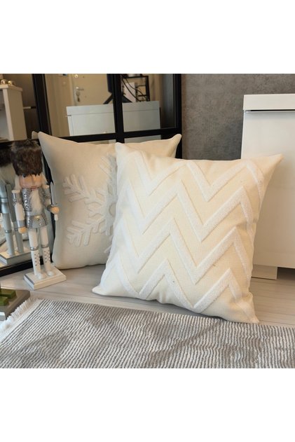 Cream Color Zig Zag Pattern Embroidered Punch Throw Pillow
