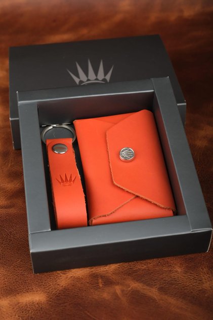 Gift Set Genuine Leather Buttero Orange Wallet & Keychain