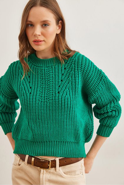 Women's Grass Green Crew Neck Thick Knit Loose Knitwear Sweater Kzk-19000856