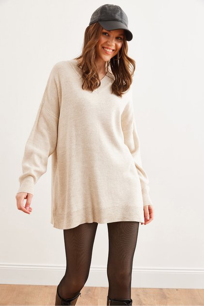 Women's Stone V Neck Knitwear Tunic Dress Elb- 19002280