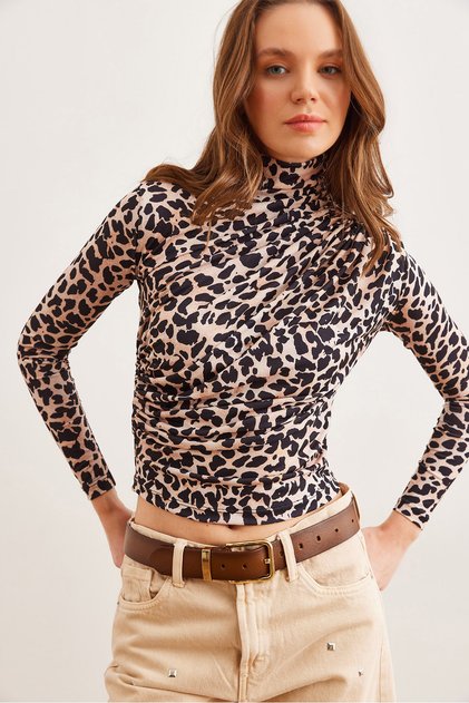 Women's Beige Leopard Drape Detailed Flowy Stylish Blouse Blz- 19002712
