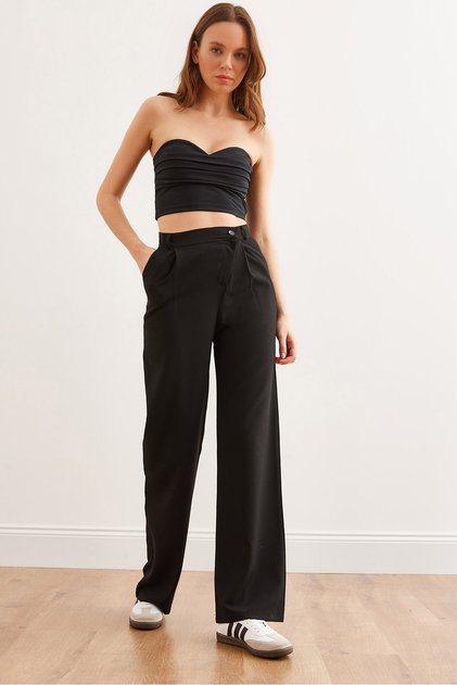 Women's Black Waist Detailed Wide Leg Trousers with Pockets Pnt- 19000308