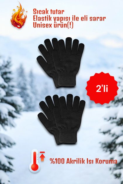 2’li %100 Akrilik Premium Triko Örgü Isı Korumalı Unisex Siyah Eldiven