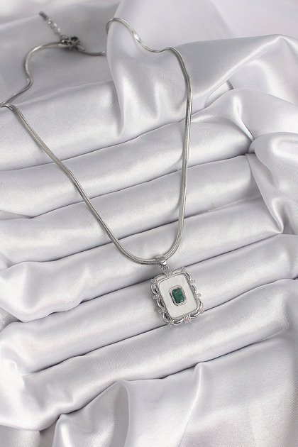 Silver Color Italian Chain Portrait Emerald Stone Women's Necklace (316L Steel)